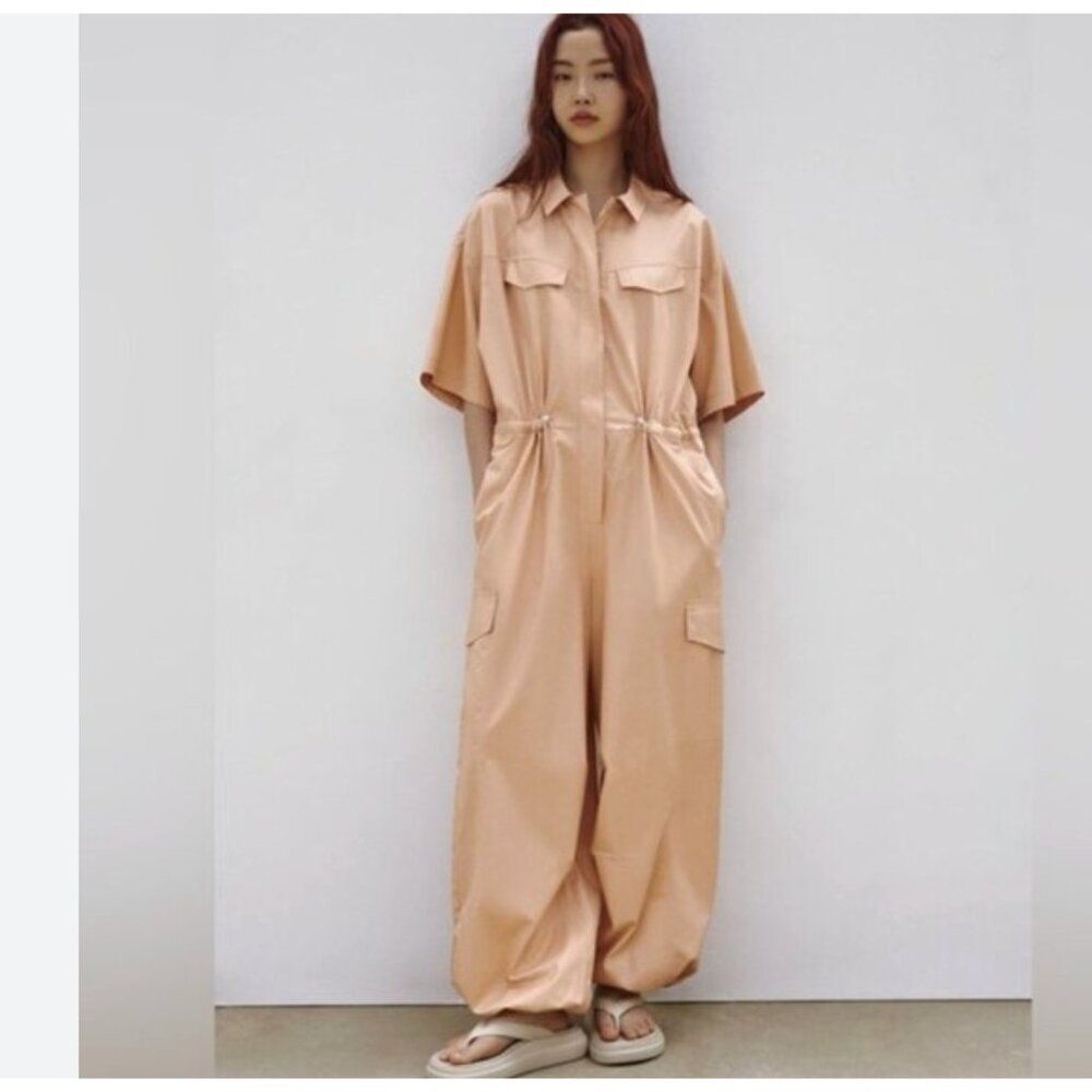 Zara Womens Shirt-Style Oversized Jumpsuit Cargo M Medium Tan 7901/216 NWT